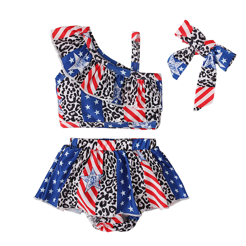 Wholesale Kids Independence Day Swimsuit Ruffled Tankini Swimsuit